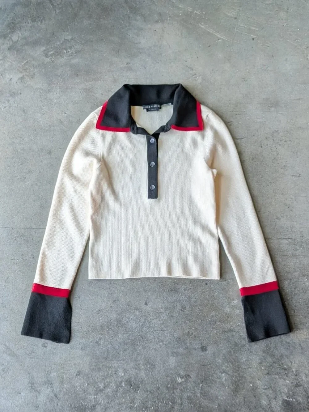 Alice + Olivia Pia Ribbed Polo Shirt Black White Red Knit Collared Wool Sweater